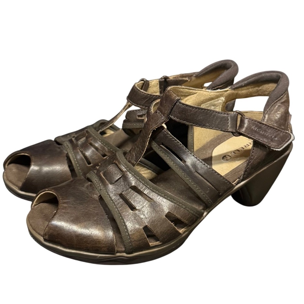 Merrell 7 Brown Evera Band Bracken Leather Sandal T-Strap Peep Toe Wedge Comfort